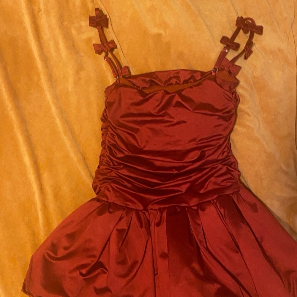 Elegant Red Satin Dress with Bow Straps